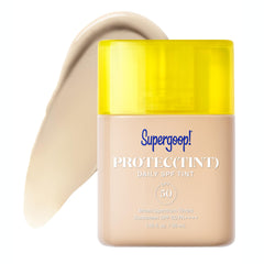 Supergoop! Protec(tint) bottle shows SPF 50 protection and light coverage for daily wear