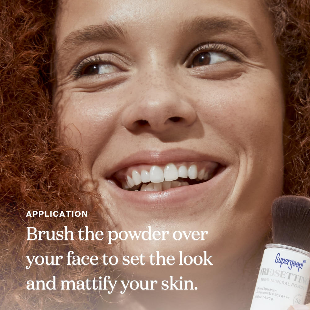 Supergoop! Re-setting Mineral Powder packaging highlighting compact design for on-the-go protection.