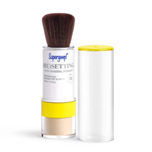 Supergoop! Re-setting Mineral Powder translucent compact providing shine control and SPF 35 protection.