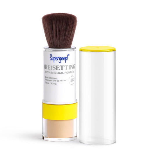 Supergoop! Re setting Powder Light compact shows matte finish and SPF protection.