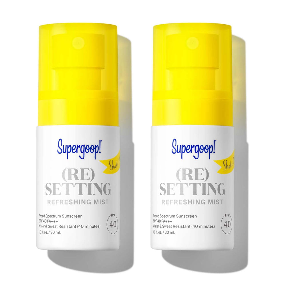 Supergoop! Refreshing Mist bottle showing makeup setting with SPF 40 protection.