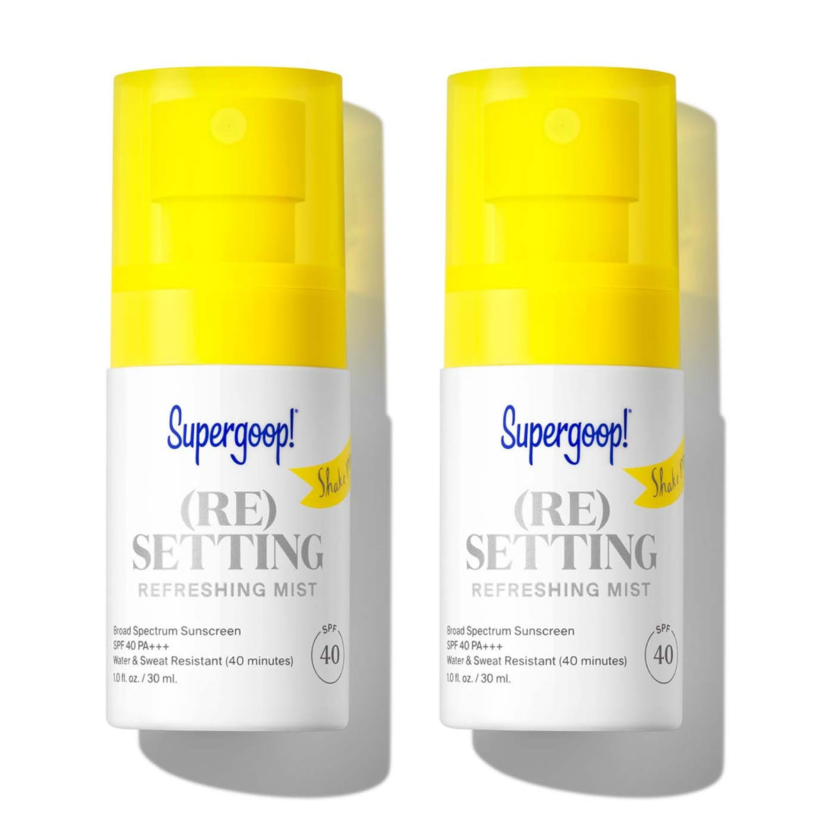 Supergoop! Refreshing Mist bottle showing makeup setting with SPF 40 protection.