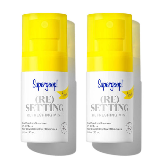 Supergoop! Refreshing Mist bottle showing makeup setting with SPF 40 protection.