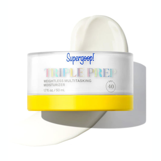 Supergoop Triple Prep bottle with pump shows on-the-go hydration and SPF protection