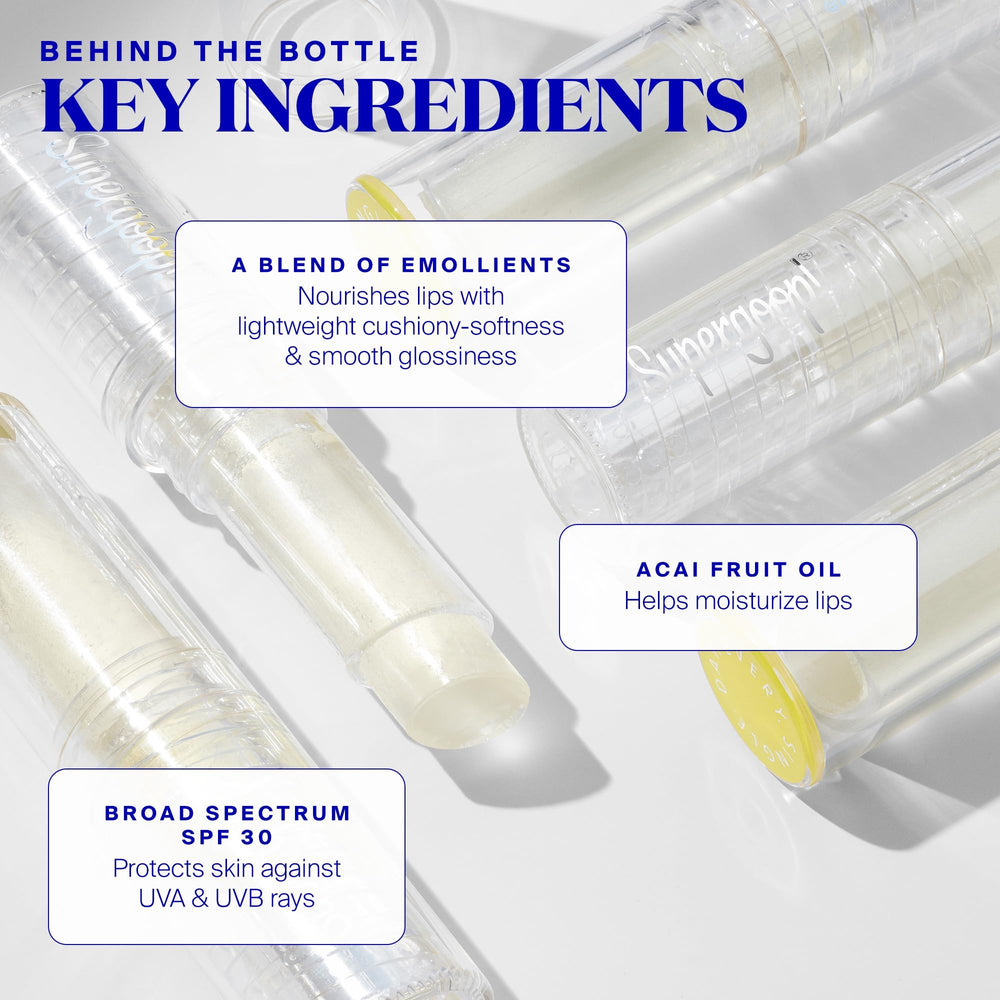 Supergoop! Unseen Lip Balm on lips provides hydration with SPF 30 protection.