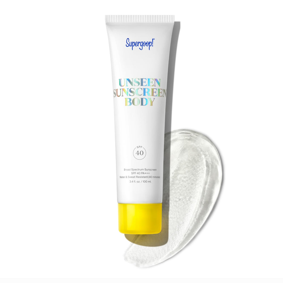 Supergoop! Unseen Sunscreen Body bottle showing weightless SPF protection for daily use