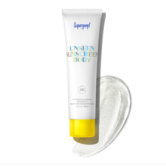 Supergoop! Unseen Sunscreen Body bottle showing weightless SPF protection for daily use
