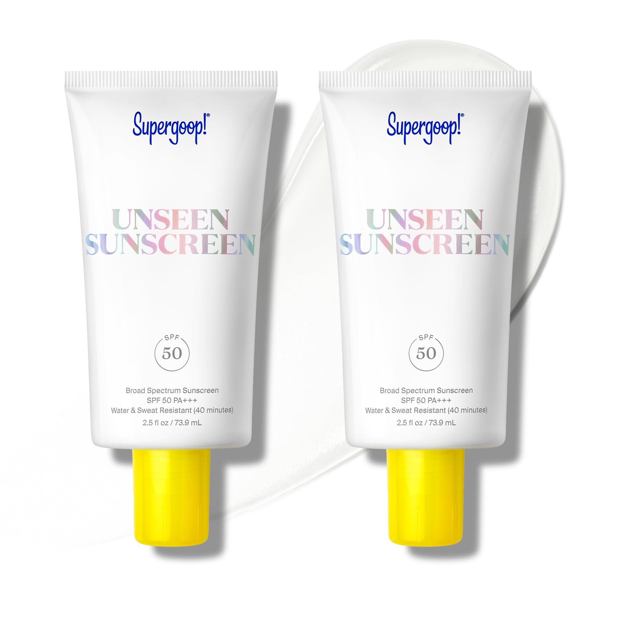 Supergoop Unseen Sunscreen bottle front shows clear weightless SPF for all skin tones