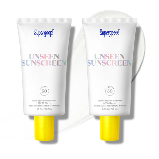 Supergoop Unseen Sunscreen bottle front shows clear weightless SPF for all skin tones