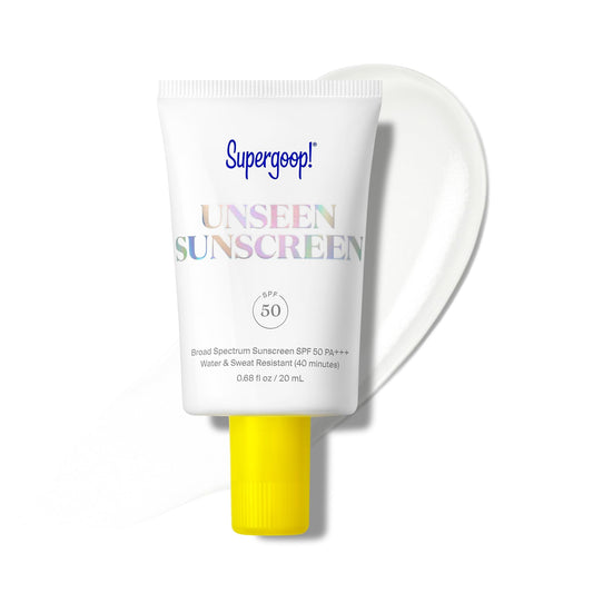 Supergoop! Unseen Sunscreen bottle front showing weightless SPF 50 protection