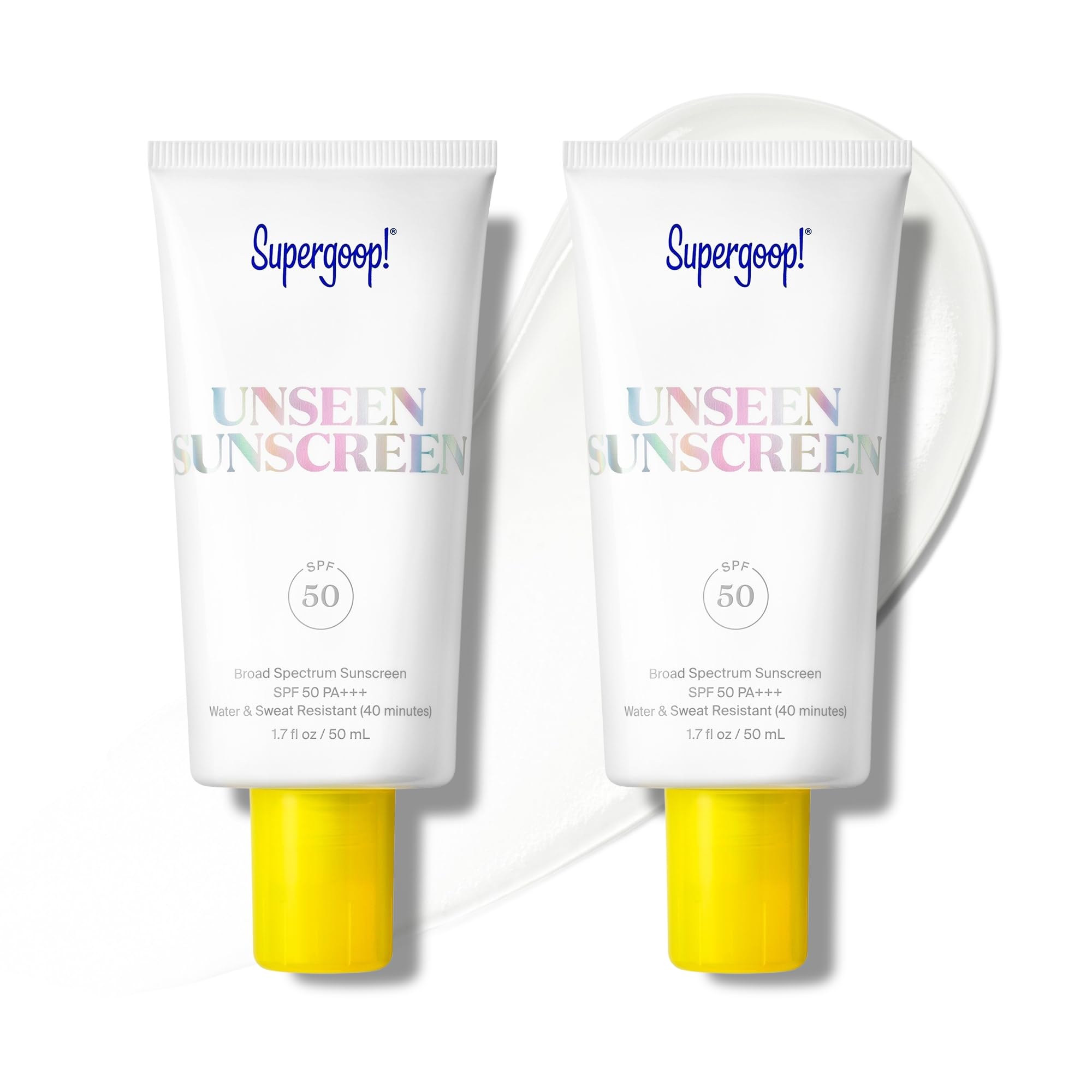 Supergoop! Unseen Sunscreen bottle front showing weightless SPF 50 protection for daily wear.