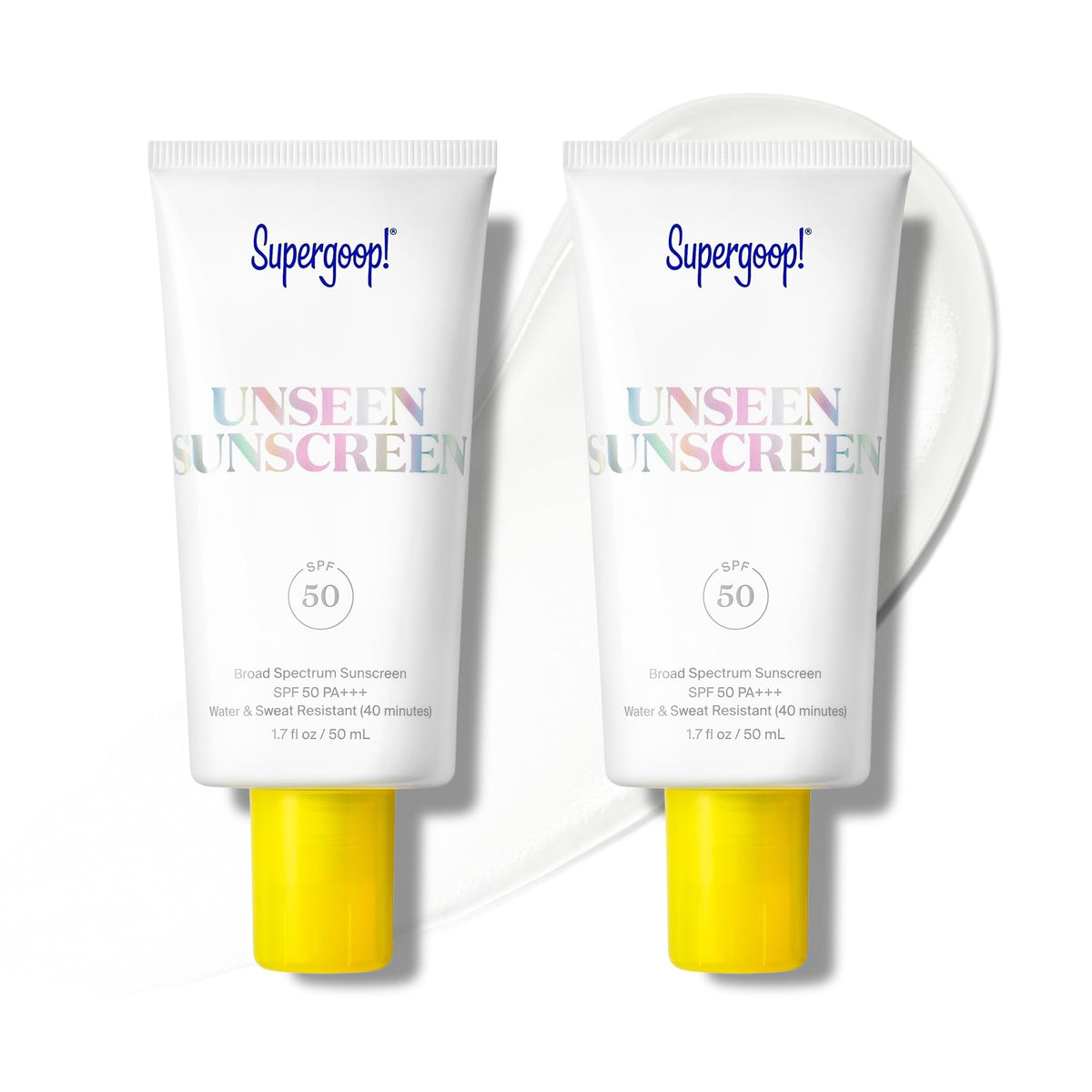 Supergoop! Unseen Sunscreen bottle front showing weightless SPF 50 protection for daily wear.