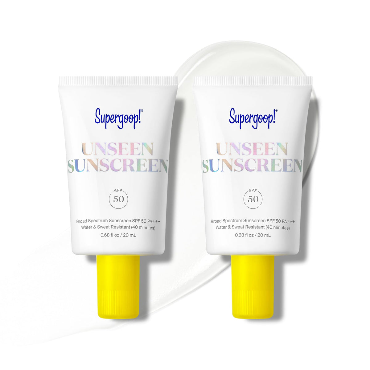 Supergoop! Unseen Sunscreen clear bottle pour shows weightless SPF 50 protection.