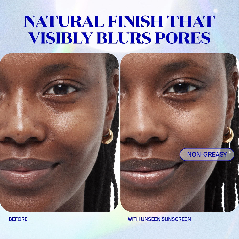 Supergoop! Unseen Sunscreen primer blur illustrates pore-minimizing makeup prep.