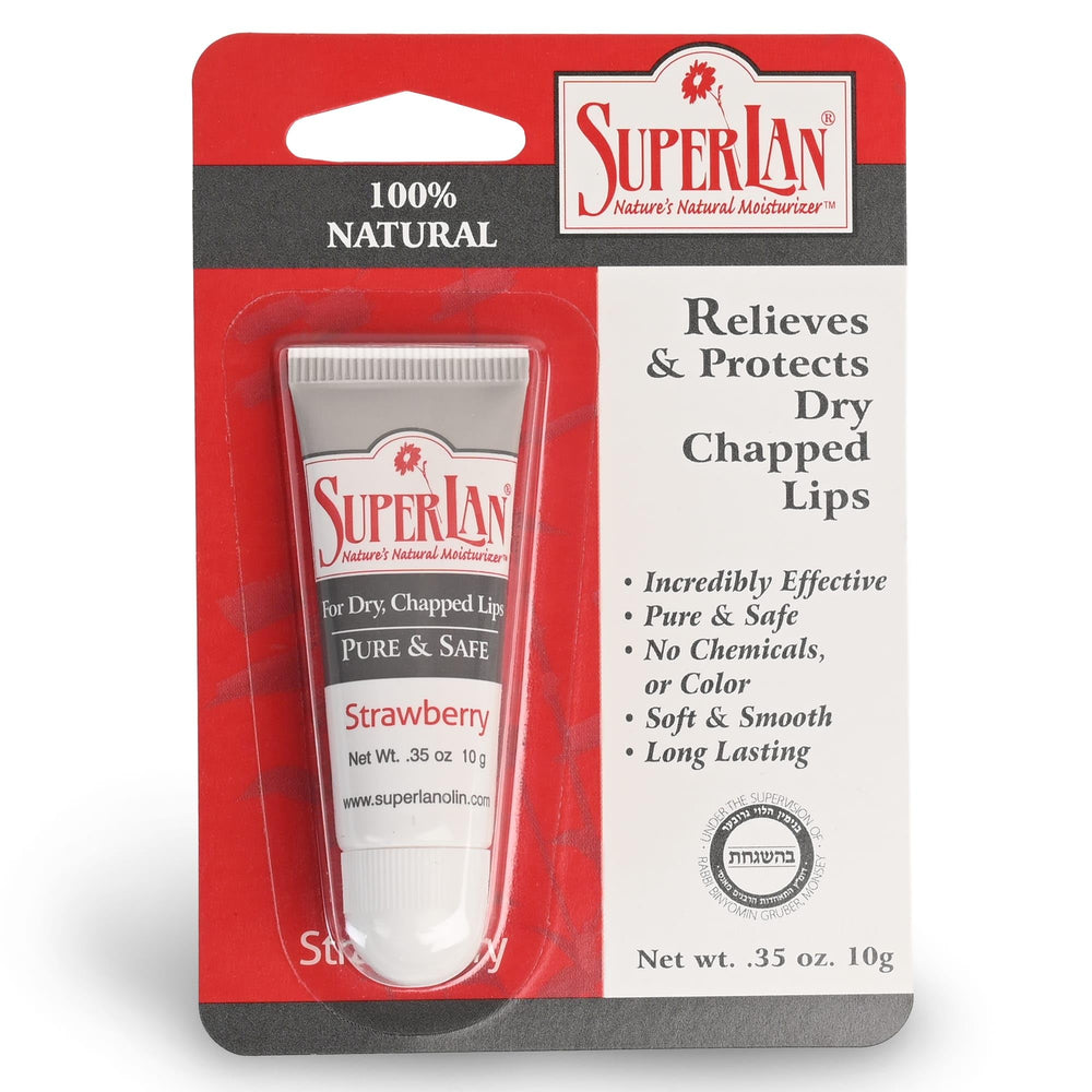 Close-up texture of Superlan lip balm showing smooth coverage.