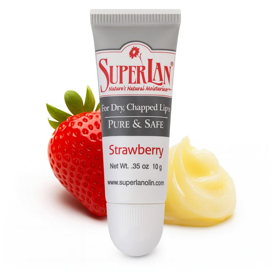 Superlan Organic Lanolin Lip Balm tube delivering deep hydration for dry lips.