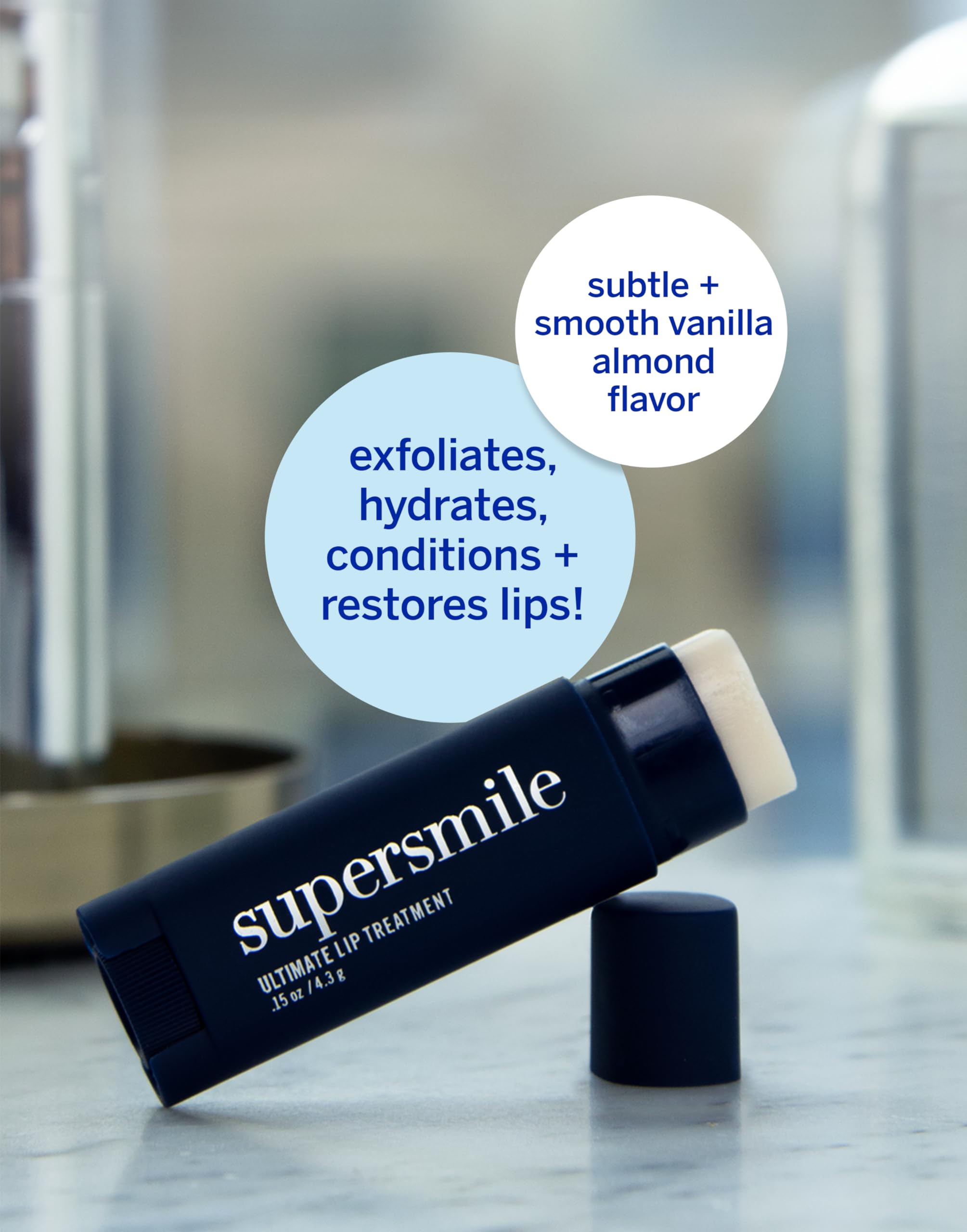 Packaging image showing BPA-free and clean ingredients ethos of Supersmile lip care