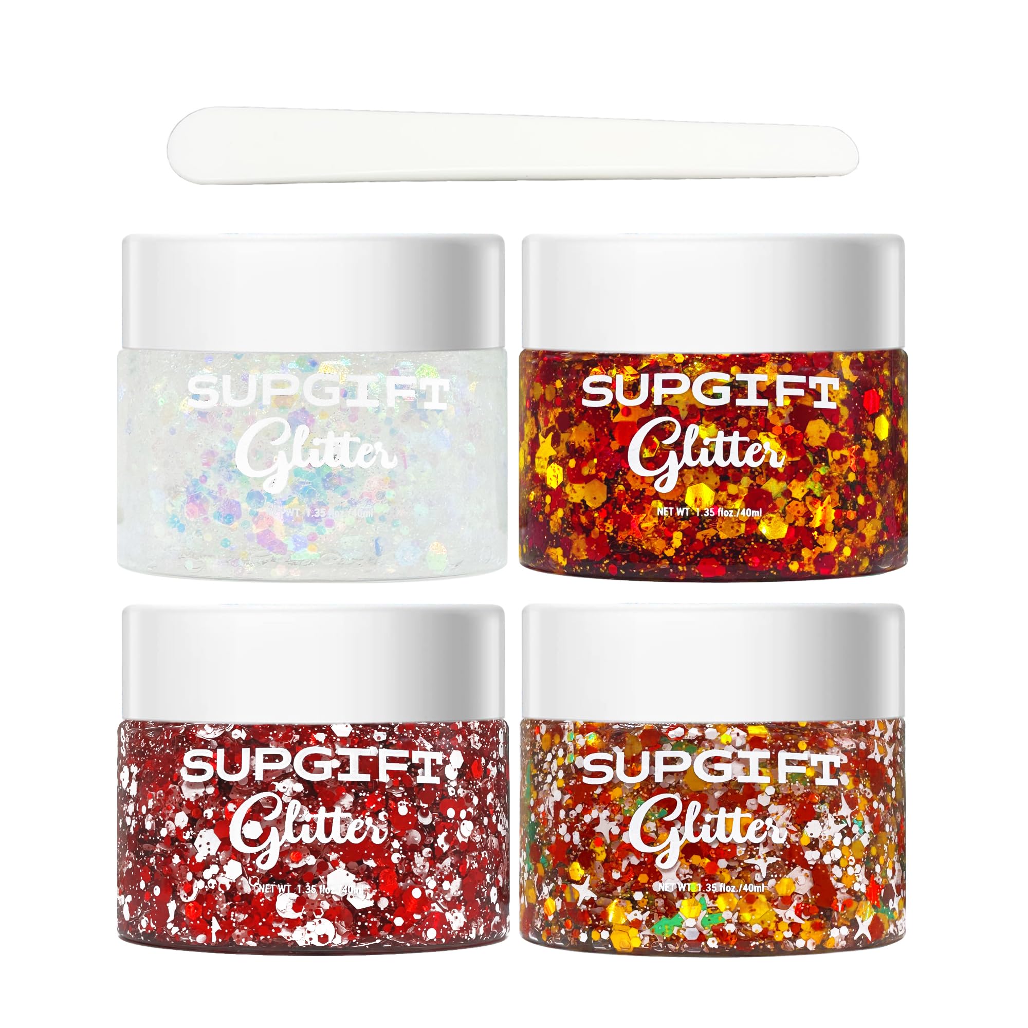 SUPGIFT Christmas glitter gel in four colors adds festive sparkle to makeup looks.