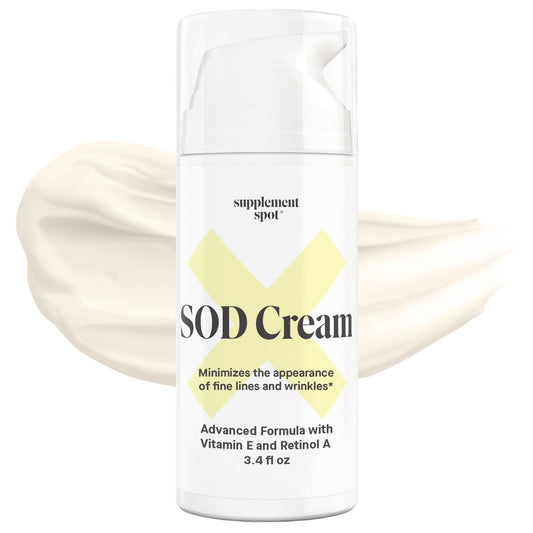 Supplement Spot SOD cream bottle and jar for antioxidant skincare.
