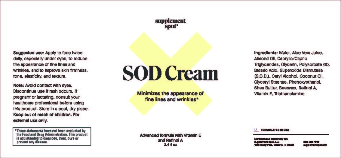 Supplement Spot SOD cream swatch on hand for daily skincare routine.