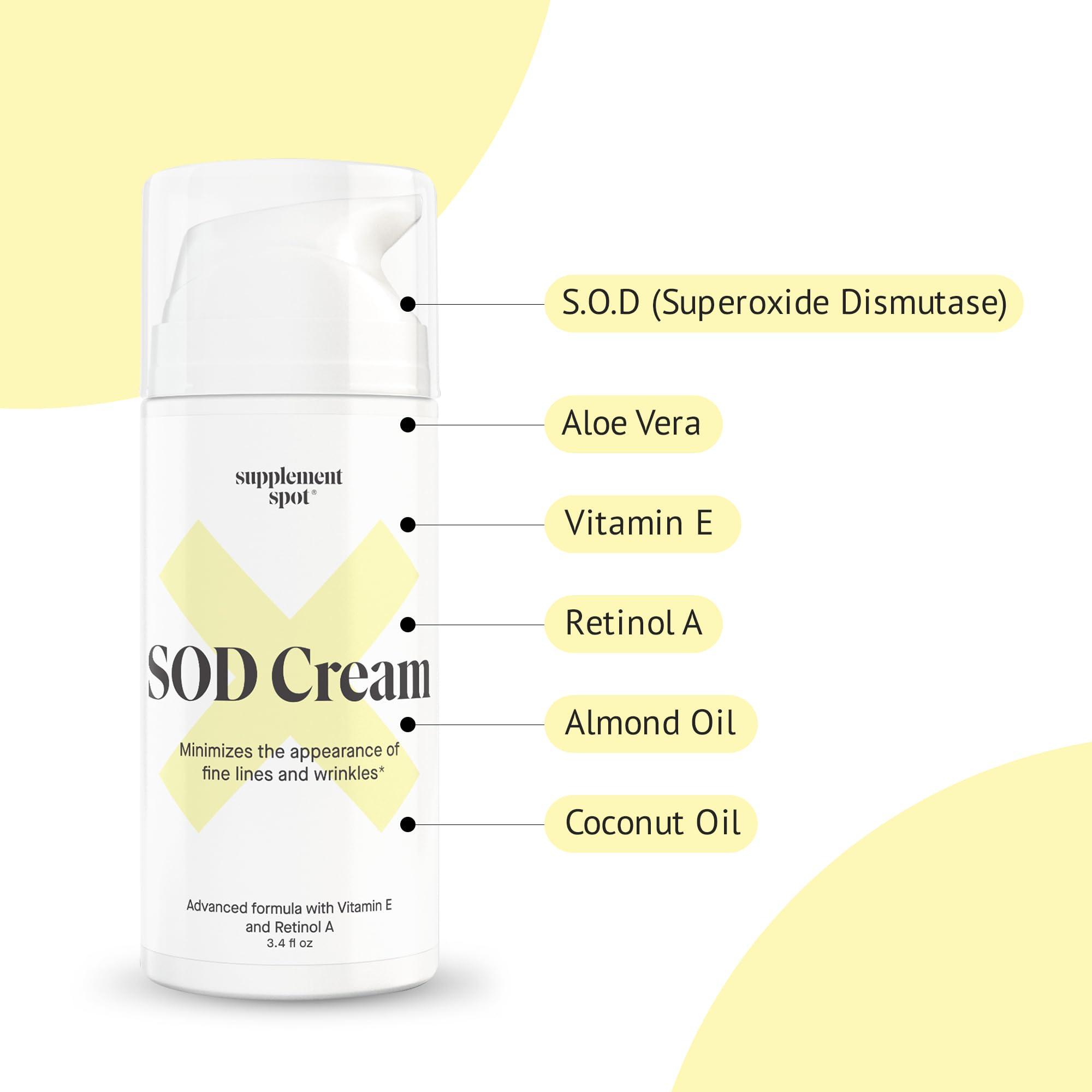 Supplement Spot SOD cream ingredients label emphasizes natural, paraben-free components.