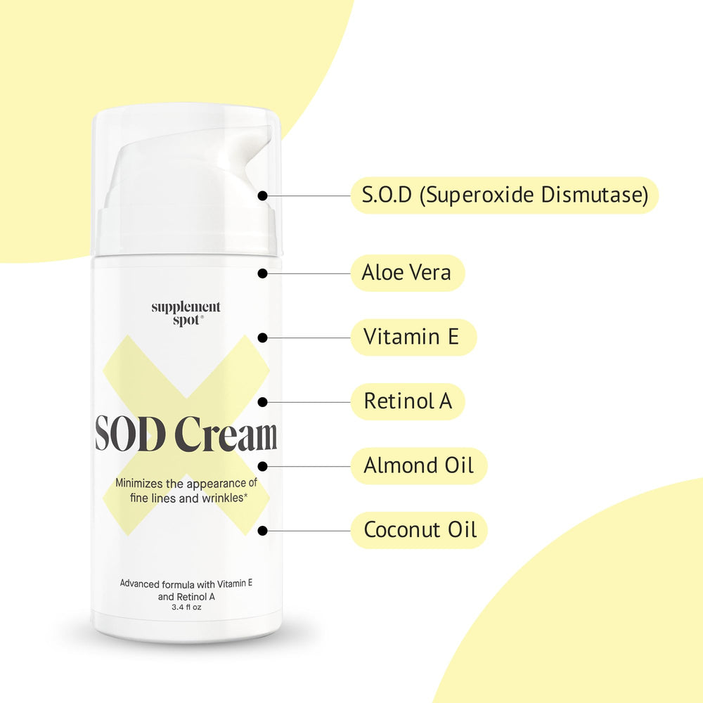 Supplement Spot SOD cream ingredients label emphasizes natural, paraben-free components.