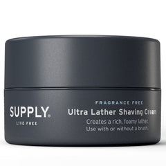 SUPPLY Ultra Lather fragrance-free jar with rich cushion for sensitive skin.