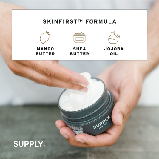 Close-up of thick foam from SUPPLY Ultra Lather for a smooth shave.