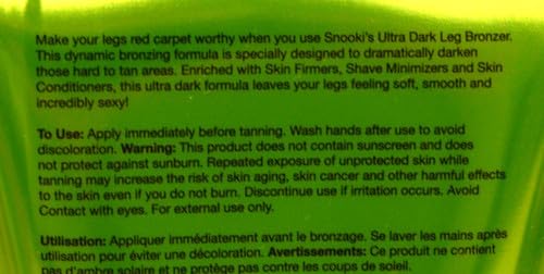 Supre Snooki Ultra Dark Leg Bronzer bottle emphasizes skin conditioning and grooming.