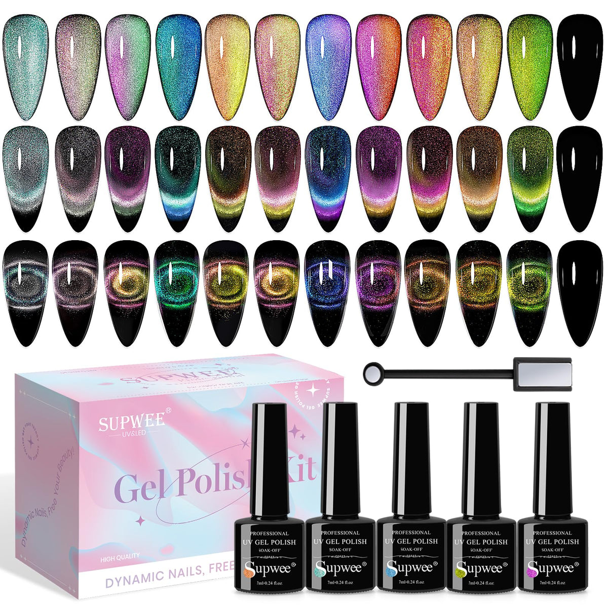 SUPWEE 9D cat eye gel set swatches showing 12 colors for versatile nail art.