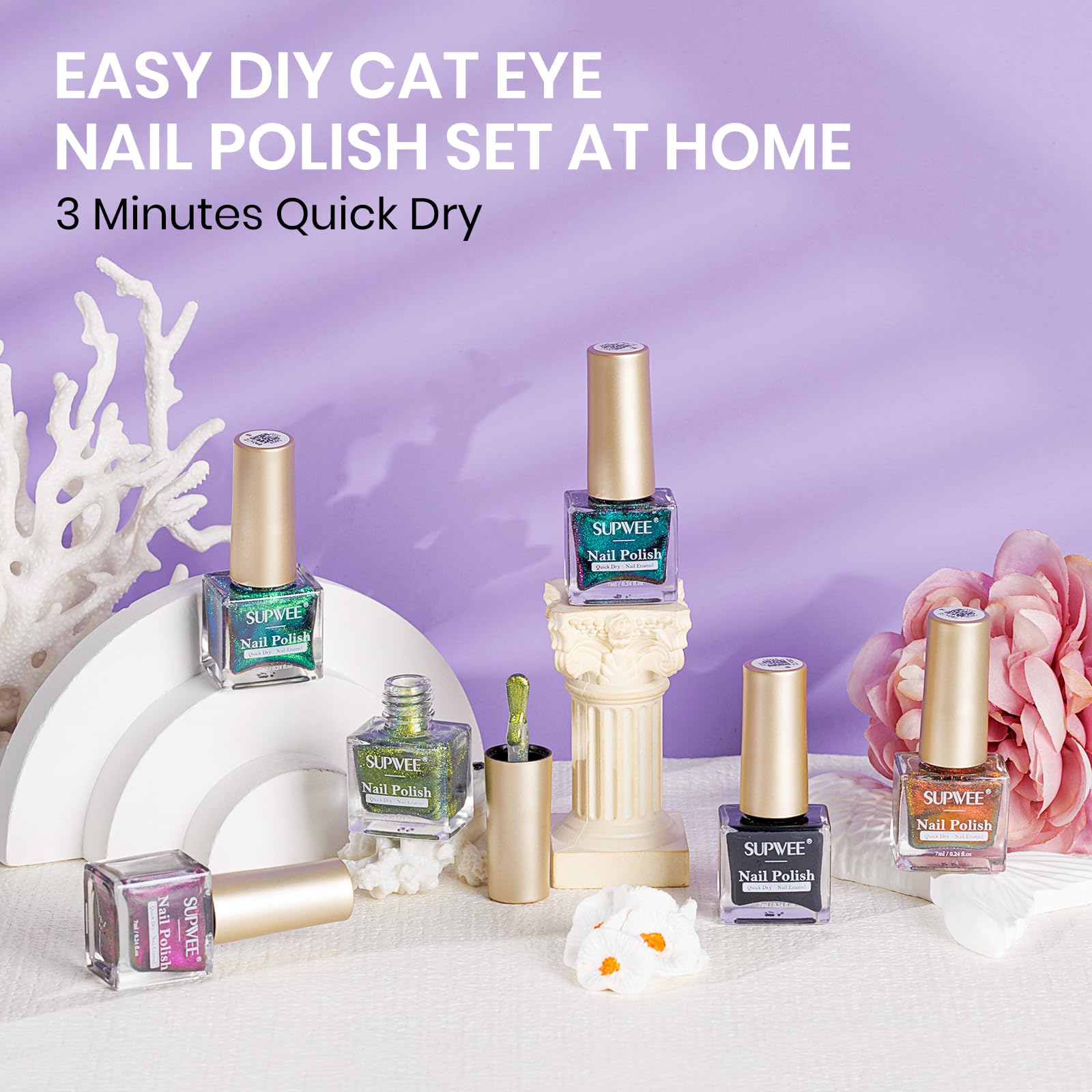 SUPWEE 9D packshot shows the six piece kit for at home cat eye nails.