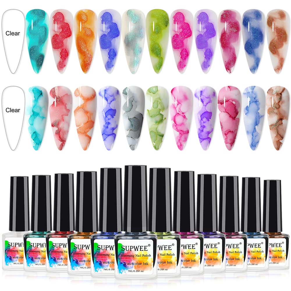 SUPWEE blooming watercolor nail polish collection with shimmering marble effects.