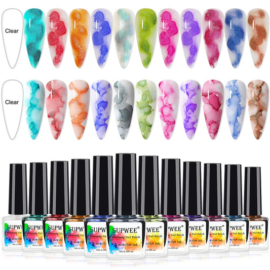 SUPWEE blooming watercolor nail polish collection with shimmering marble effects.