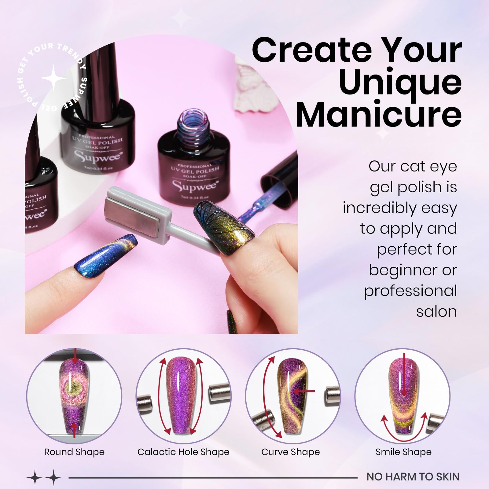 SUPWEE Cat Eye gel demonstrates galactic hole effects with the magnetic tool.
