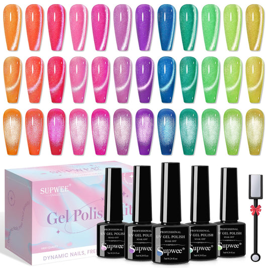 SUPWEE cat-eye gel polish swatches for vibrant manicure ideas.