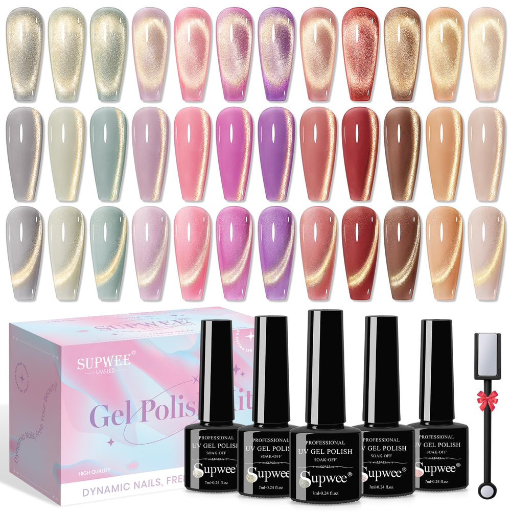 SUPWEE cat eye gel nail polish set with 12 colors for at-home salon-quality nails.