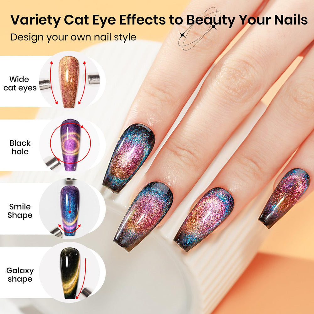Nail with galaxy cat eye effect created by SUPWEE magnet near the polish