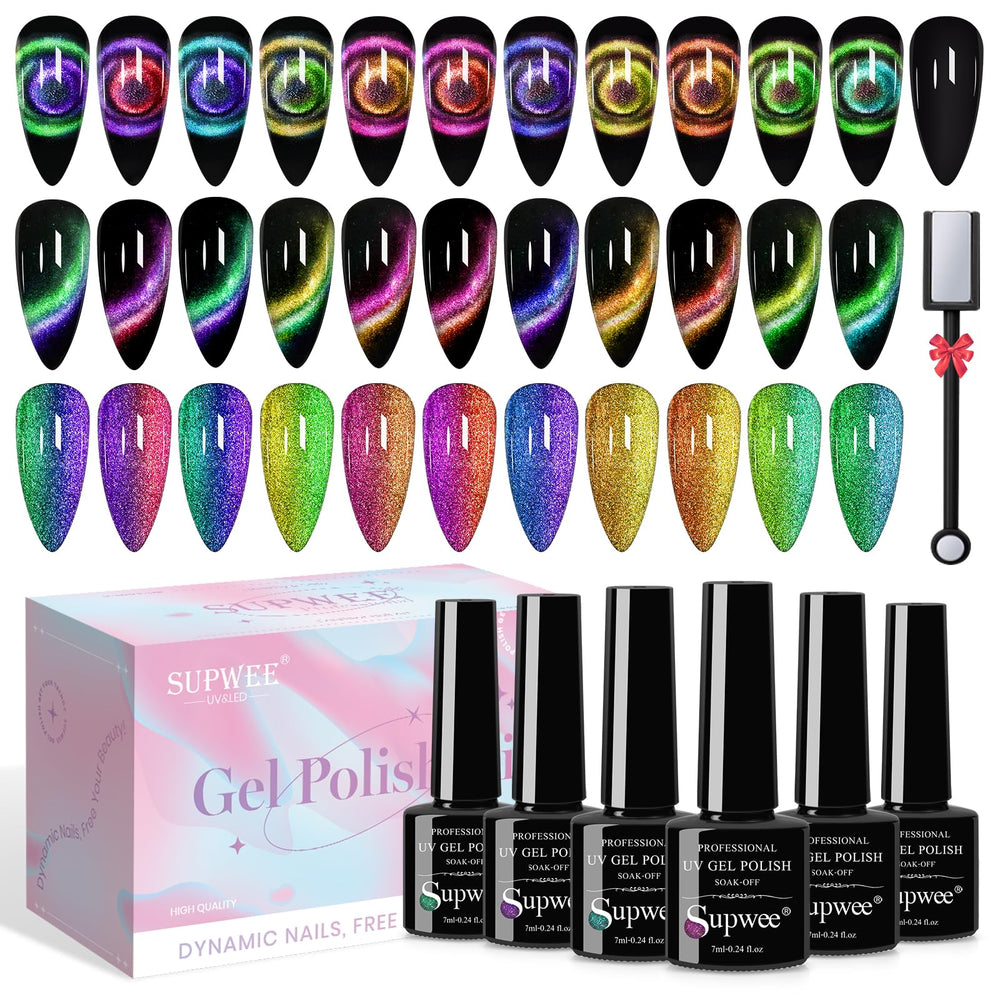 SUPWEE Cat Eye Gel Polish galaxy swatch shows shifting color under light.