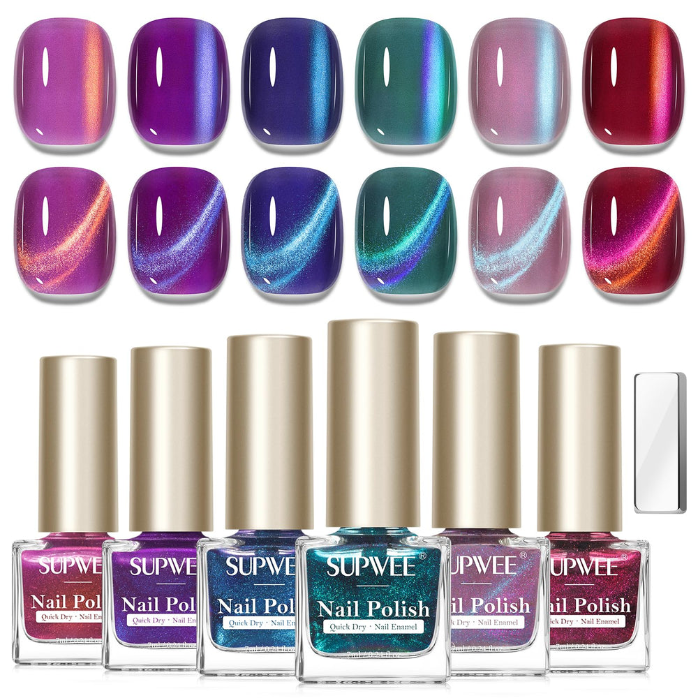 SUPWEE Cat Eye Nail Polish Set wide shot shows six shades for at-home salon nails.