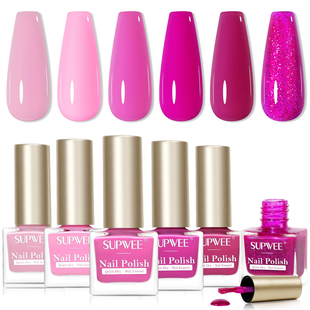 SUPWEE hot pink nail polish set bottle closeup with glossy finish.