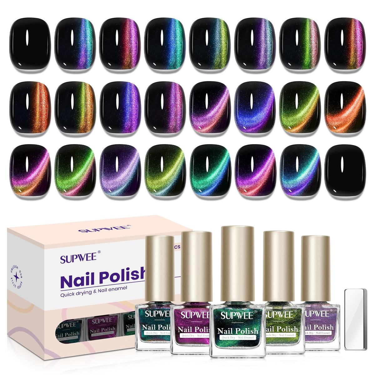 SUPWEE magnetic cat eye nail polish set showcases bold color shifts and quick air-dry action.