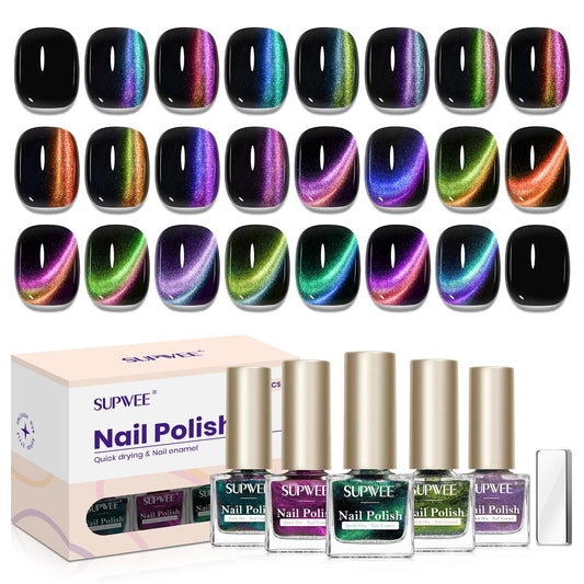 SUPWEE magnetic cat eye nail polish set showcases bold color shifts and quick air-dry action.