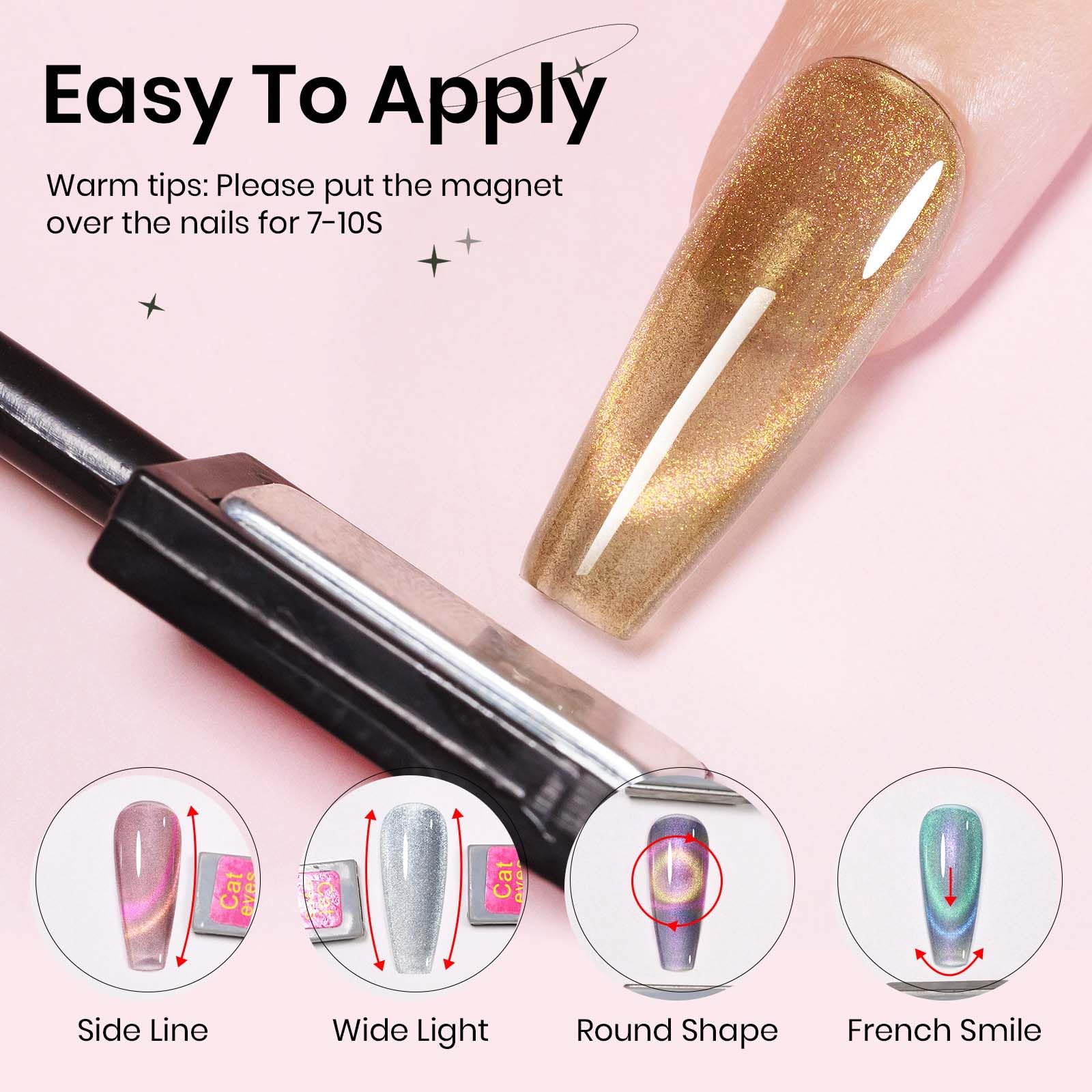 SUPWEE magnetic stick demonstrates cat eye effects for at-home manicures.