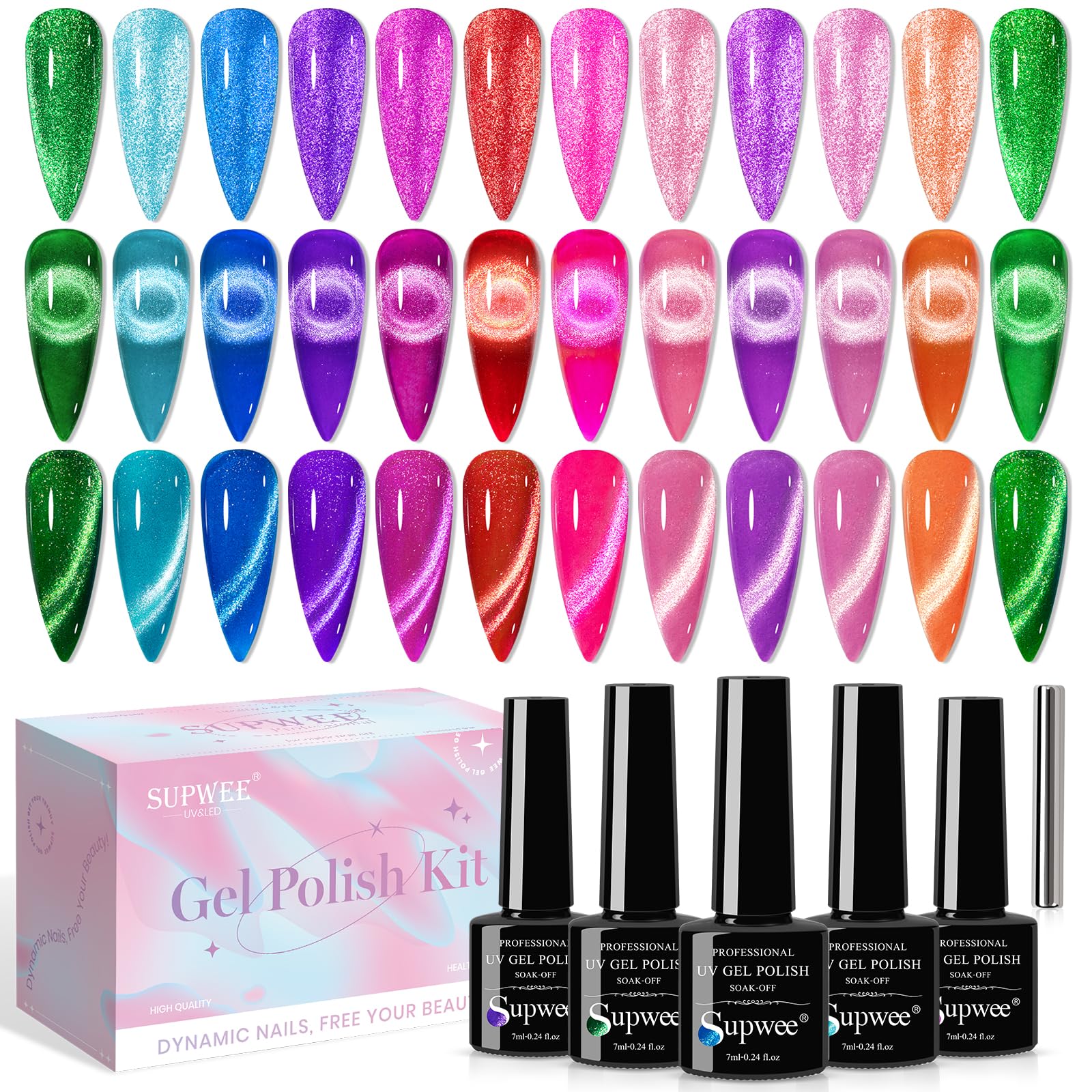 SUPWEE Neon Cat Eye polishes in bottles show vibrant neon colors for salon or home use