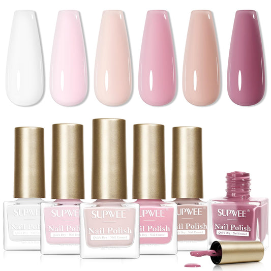 SUPWEE Nude Nail Polish Set bottles close-up showing six chic neutrals for versatile daily looks.