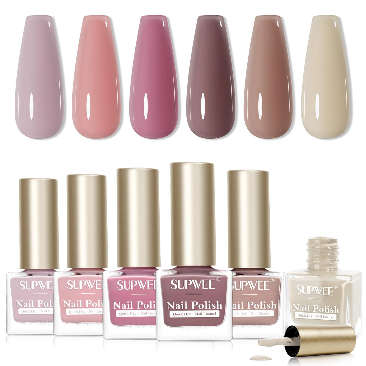 SUPWEE Quick-Dry Nail Polish Set packaging highlights the fall palette for ready-to-wear nails.
