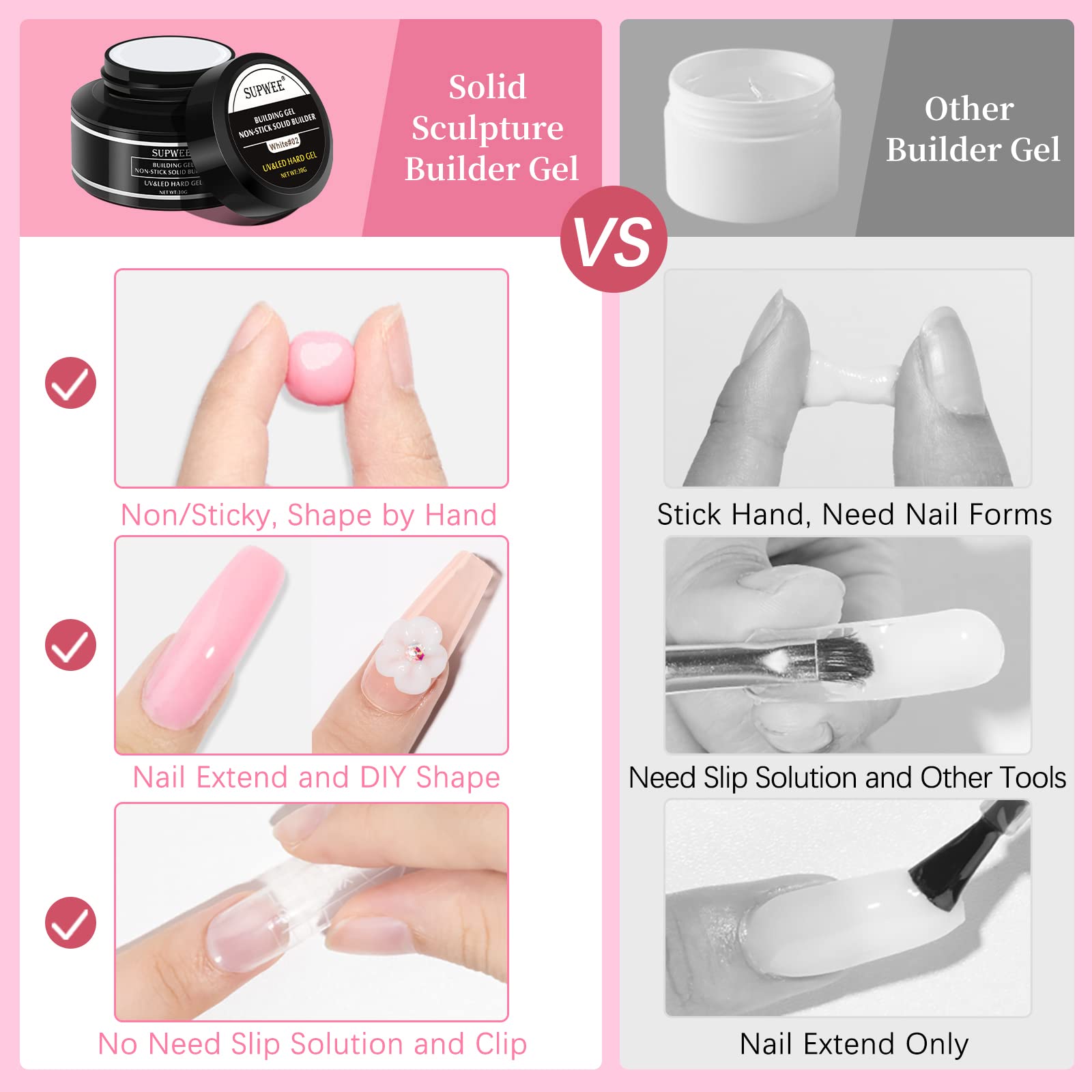 SUPWEE Solid Builder Gel with brush included for precise sculpting at home.