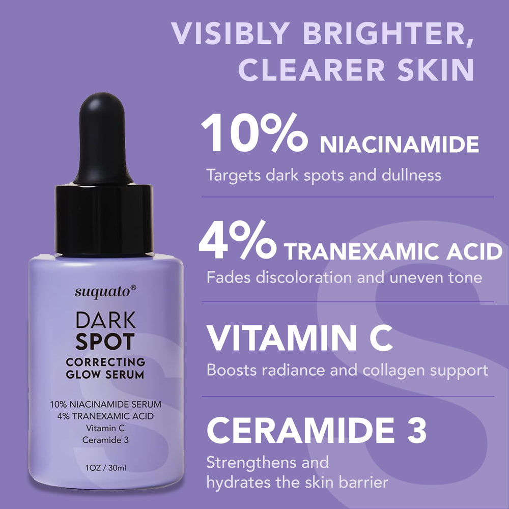 Nighttime skincare routine featuring Suquato serum for even complexion.