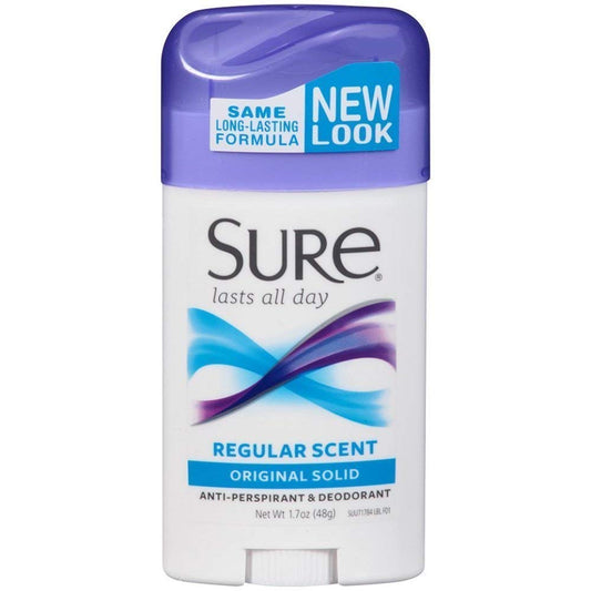 Sure anti-perspirant original solid bottle; all-day dryness and odor control.