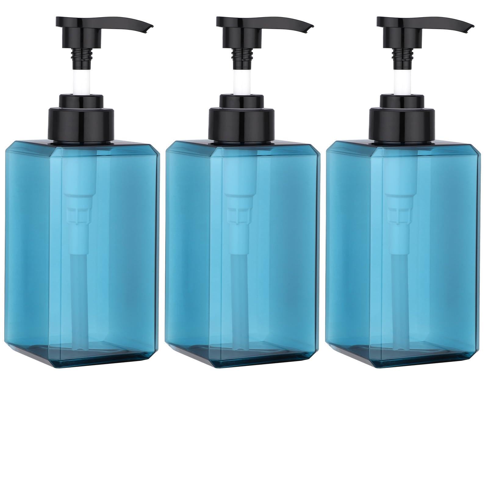 Suream blue square pump bottle 15oz for shampoo and conditioner, easy to fill and reuse.